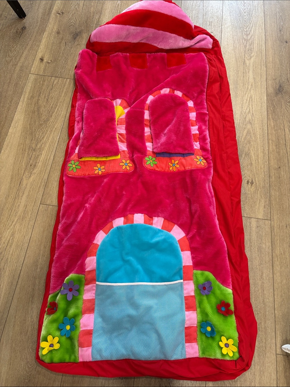 Plush Pink Kids Sleeping Bag with Doorway and Flower Appliqués